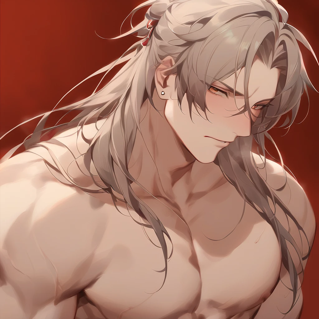 masterpiece, best quality, rei_style, red background, male focus, muscular male, long hair, looking at viewer, <lora:rei_style_xl:1>