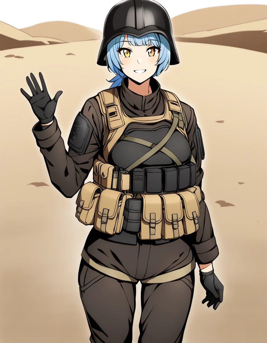 1girl,mideastelite,blue hair,very short hair,bangs,helmet,military uniform,jacket,pants,bulletproof vest,smiling,waving,looking at viewer,outdoors,in arid plain, <lora:MideastEliteXL:0.8>