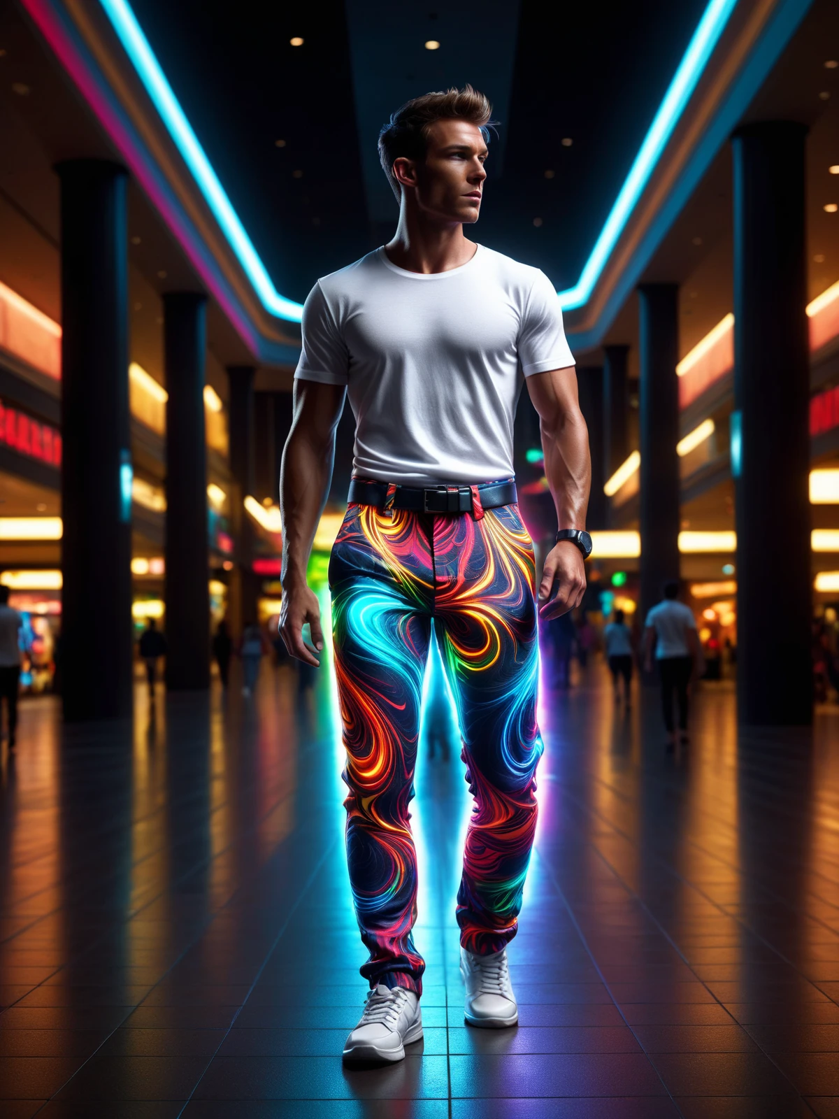 man wearing a glowing colorful mad-mbp pants and white tshirt walking through dark mall, dynamic pose , night, dynamic pose <lora:Glowing_Marbled_Paper_SDXL:0.6>, (masterpiece:1.2), best quality, (hyperdetailed, highest detailed:1.2), high resolution textures