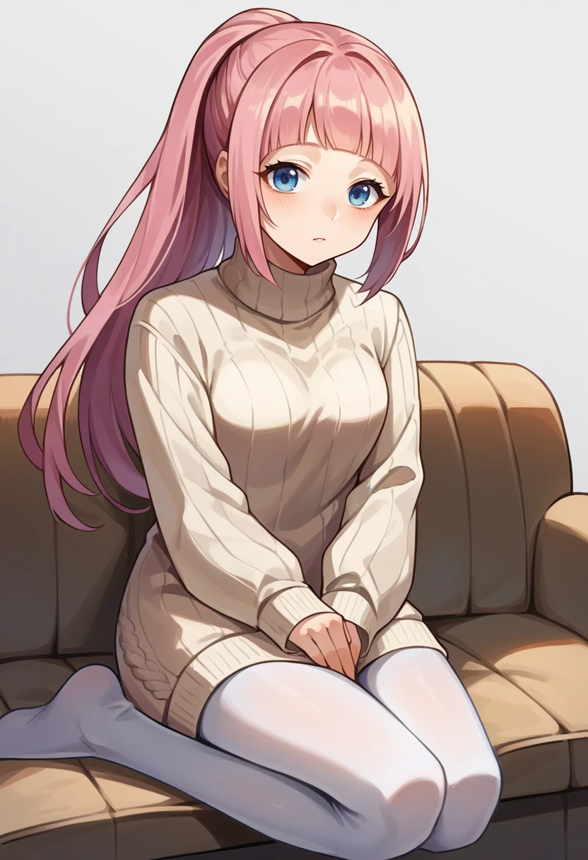 score_9, score_8_up, score_7_up, source_anime BREAK 1girl, solo, <lora:felicia-fe-richy-v1_xl:0.9> feliciadef, pink hair, ponytail, blue eyes, turtleneck sweater, sweater dress, legs together, white pantyhose