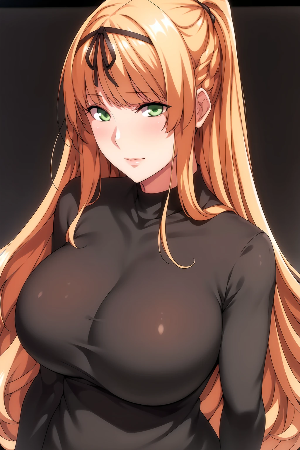 Simple Black Background,
Black shirt,long sleeves,turtleneck, skirt,
<lora:Yuna_Tsubakihara_MasterPiece-KK77-V1:0.7>,hair ornament,
Green eyes, Orange hair,bangs,Long hair,
<lora:Oda_Non_Style-KK77-V2:0.3>,<lora:more_details:0.1>,
1 girl, 20yo,Young female,Beautiful long legs,Beautiful body,
Beautiful Nose,Beautiful character design, perfect eyes, perfect face,expressive eyes,perfect balance,
looking at viewer,(Focus on her face),closed mouth, (innocent_big_eyes:1.0),(Light_Smile:0.3),
official art,extremely detailed CG unity 8k wallpaper, perfect lighting,Colorful, Bright_Front_face_Lighting,White skin,
(masterpiece:1.0),(best_quality:1.0), ultra high res,4K,ultra-detailed,
photography, 8K, HDR, highres, absurdres:1.2, Kodak portra 400, film grain, blurry background, bokeh:1.2, lens flare, (vibrant_color:1.2),professional photograph,
(Beautiful,large_Breasts:1.4), (beautiful_face:1.5),(narrow_waist),