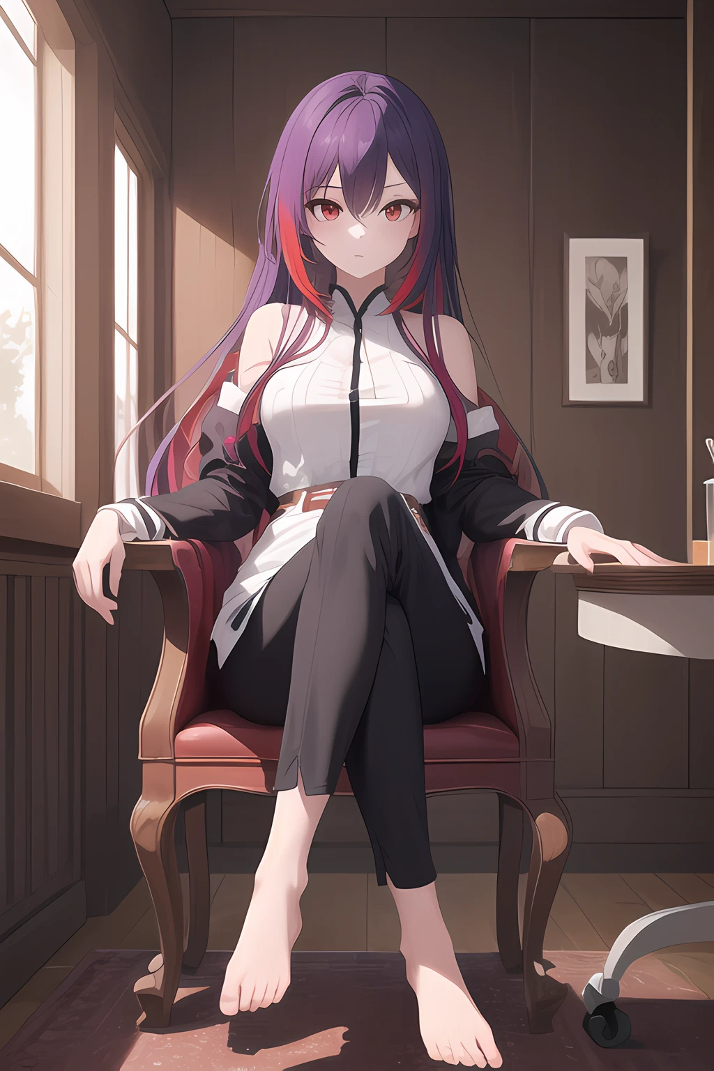 (masterpiece, best quality, high quality, highres, ultra-detailed),1girl,purple hair,long hair,straight hair,red eyes,looking at viewer,(colored inner hair:1.2),sitting,crossed legs,chair,