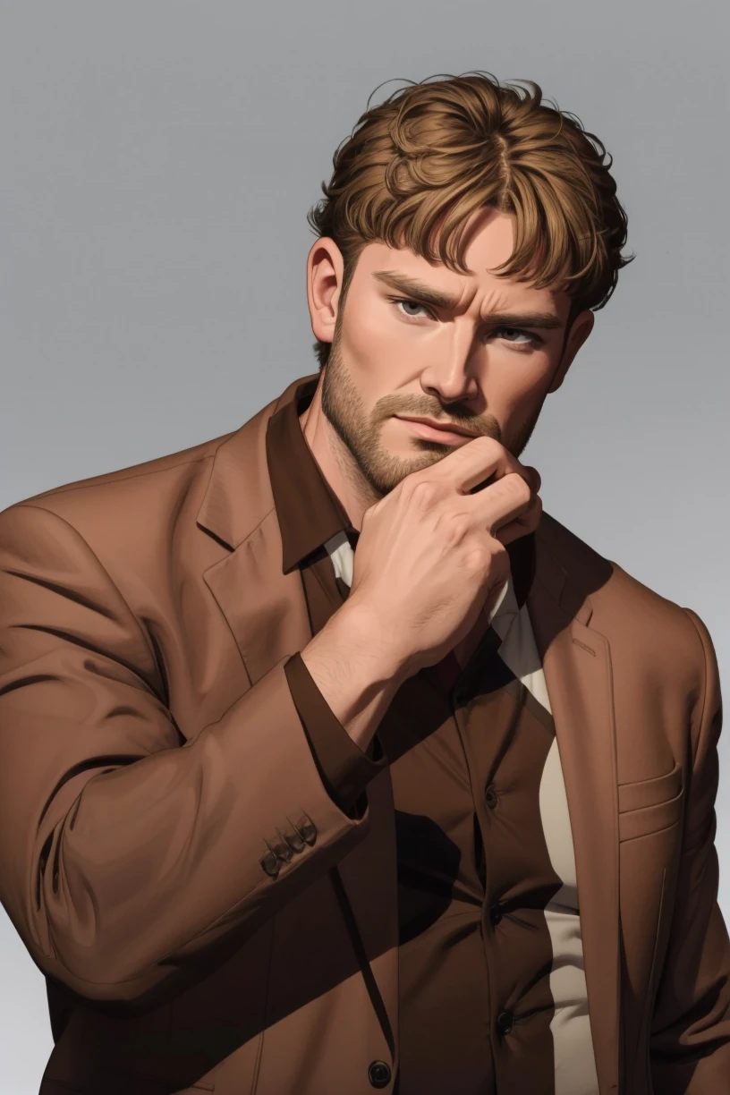 1boy, <lora:AlexanderAlekson:0.9>, alex2son, brown hair, (muscular:1.1), upper body, grey background, brown jacket, brown shirt, two-tone shirt, hand on own chin, looking at viewer,