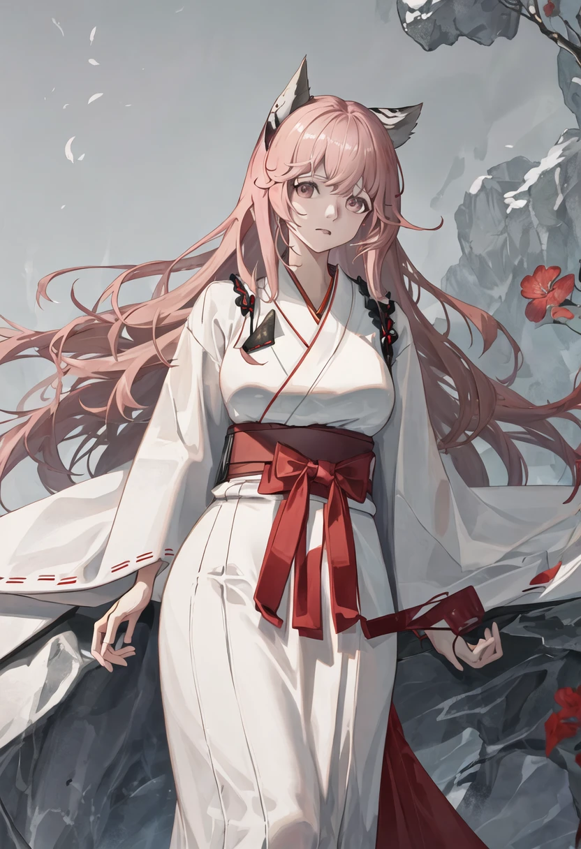 best quality, masterpiece, highres, solo, {persicaria_neuralcloud:0.90}, {white kimono:1.35}, {red hakama:1.35}, {wide sleeves:1.20}
