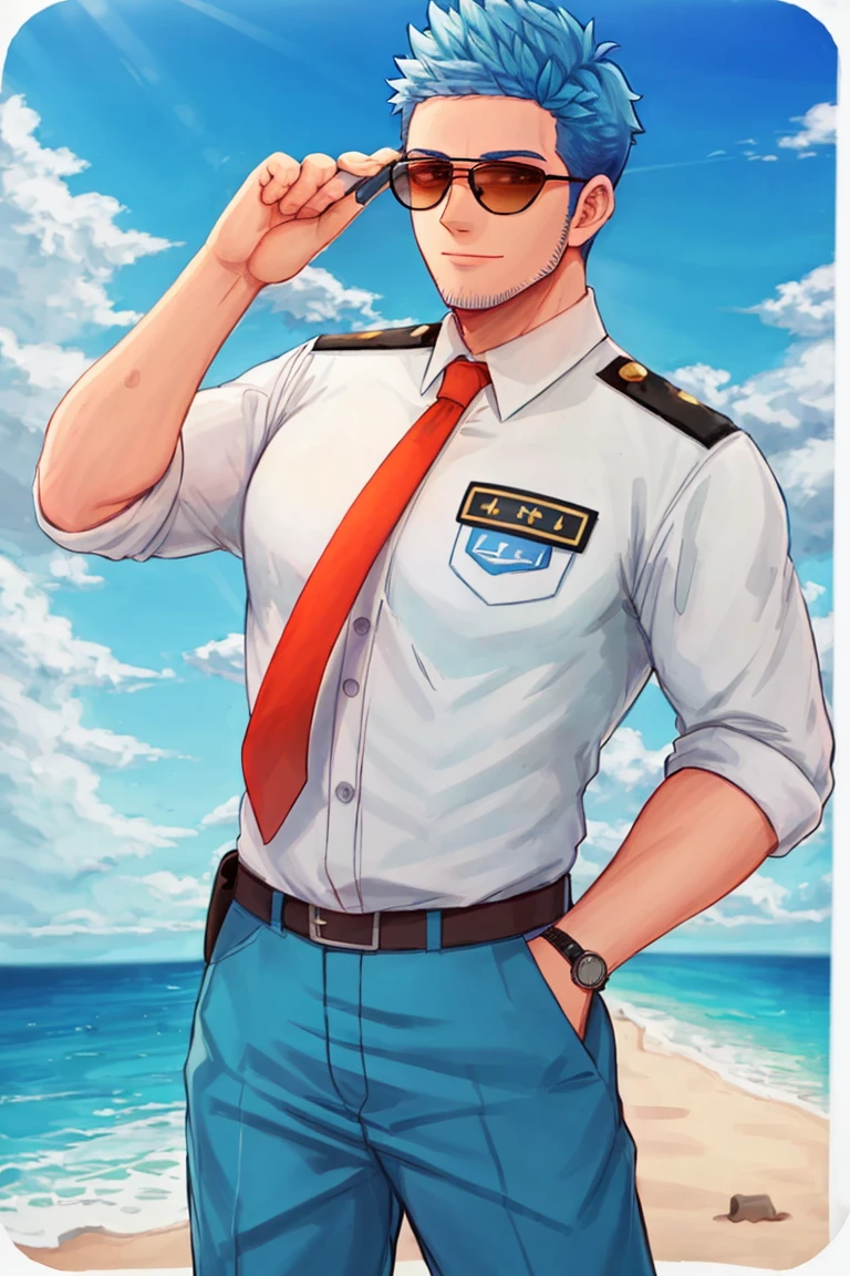 (1 image only),  solo male,  Wilbur,  Animal Crossing,  personification,  pure blue hair,  short hair,  black eyes,  blue facial hair,  jawline stubble,  aviation pilot uniform,  white collor shirt,  red necktie,  epaulette,  aviator sunglasses,  blue pants,  socks,  black footwear,  bandaid on nose,  mature,  dilf,  bara,  handsome,  charming,  alluring,  smile,  standing,  upper body,  hand in pocket,  pectoral cleavage,  perfect anatomy,  perfect proportions,  (best quality,  masterpiece),  (perfect eyes,  perfect eye pupil),  perfect hands,  high_resolution,  dutch angle,  cowboy shot,  seaside,  summer,<lora:EMS-297361-EMS:0.700000>