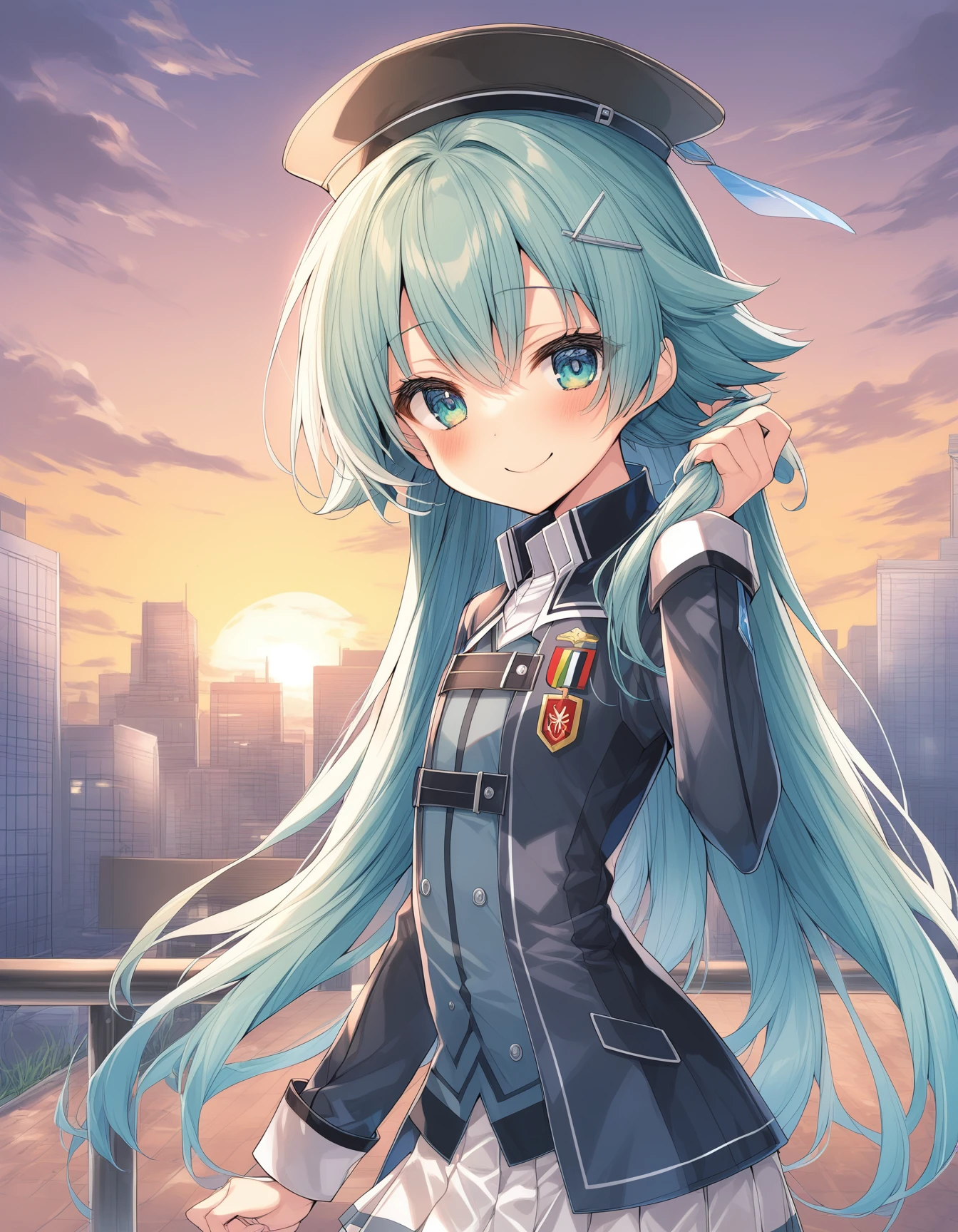 1girl,(solo),
pixie cut hair,
hat,
drill locks,
cyan  hair,
aqua color  eyes,
(flat chest:1.1),
 <lora:toruzu_bunko_uniform_A3_XL_V1_1-000012:0.8>
toruzu_bunko_uniform,school uniform,miniskirt,pleated skirt,white skirt,
BREAK
<lora:sdxl-boldline:-1>,
 <lora:sdxl2-flat2-512b:-1>,
upper body,
twilight,
happy,
Walking with one hand brushing hair back,
BREAK
office building
masterpiece, best quality,