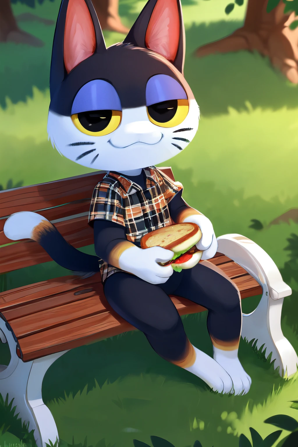 masterpiece, high quality, absurd res, by huffslove, punchy, 1boy, furry male, cat boy, full body, half-closed eyes, :3, looking at viewer, sitting on bench, (holding sandwich, food:1.1), black fur, white fur, two tone fur, cat ears, black eyes, yellow sclera, colored sclera, whiskers, plaid shirt, short sleeves, tail, detailed background, bench, grass, tree, (8k hd, hdr:1.1) <lora:punchyAC:1>