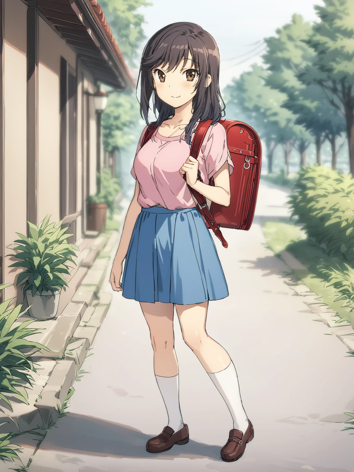 best quality, masterpiece, ichijou hotaru, full body, breasts, backpack, randoseru, smile, white socks, pink shirt, blue skirt, brown footwear, short sleeves, looking at viewer, closed mouth, collarbone, standing, outdoors, depth of field, <lora:ichijou_hotaru-animagine-v1:1.0>