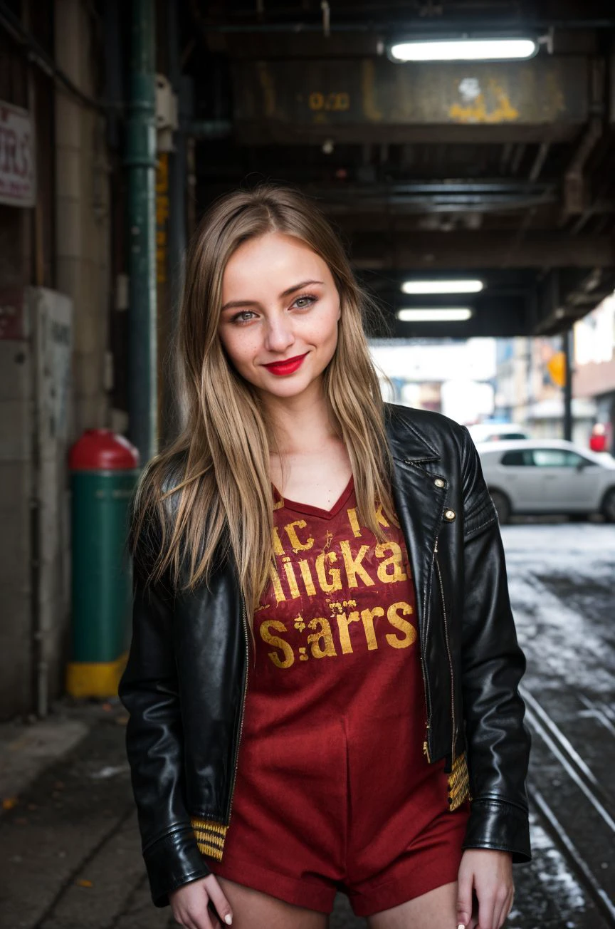 A stunning intricate full color picture of a beautiful woman, wearing a punk leather jacket in a gritty urban alley, closeup,, epic character composition,by ilya kuvshinov, alessio albi, nina masic,sharp focus, subsurface scattering, f2, 35mm, film grain, bleach blonde, cute smile, red lipstick <lora:LadyBug:1>