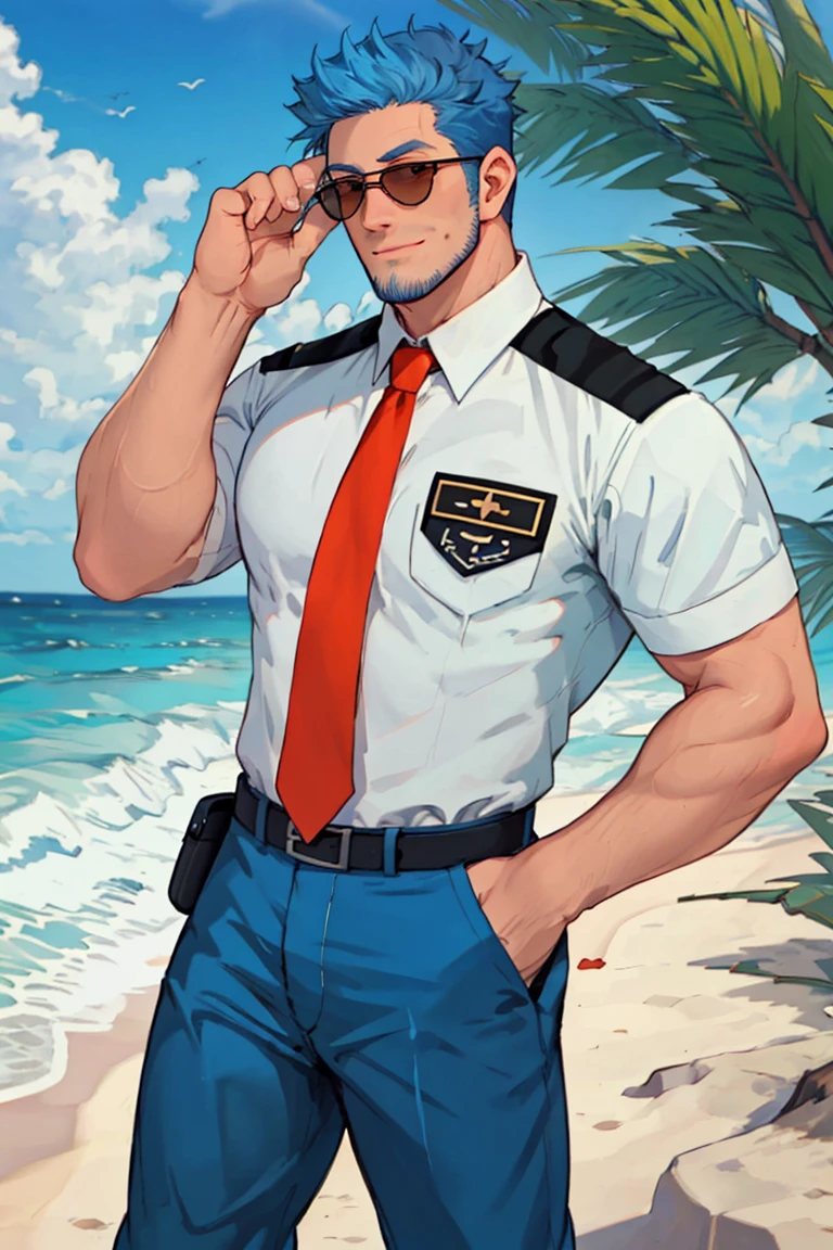 (1 image only),  solo male,  Wilbur,  Animal Crossing,  personification,  pure blue hair,  short hair,  black eyes,  blue facial hair,  jawline stubble,  aviation pilot uniform,  white collor shirt,  red necktie,  epaulette,  aviator sunglasses,  blue pants,  socks,  black footwear,  bandaid on nose,  mature,  dilf,  bara,  handsome,  charming,  alluring,  grin,  standing,  upper body,  hand in pocket,  perfect anatomy,  perfect proportions,  (best quality,  masterpiece),  (perfect eyes,  perfect eye pupil),  perfect hands,  high_resolution,  dutch angle,  cowboy shot,  seaside,  summer,<lora:EMS-297361-EMS:0.600000>