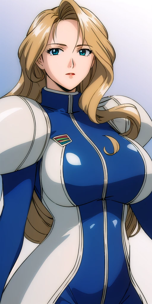 <lora:RexV4:0.7> macross7rex, huge_breasts, standing, solo, Blue_bikesuit_White_shoulder_pads, masterpiece, best_quality, detailed_face, detailed_eyes, highres, beautiful, detailed,