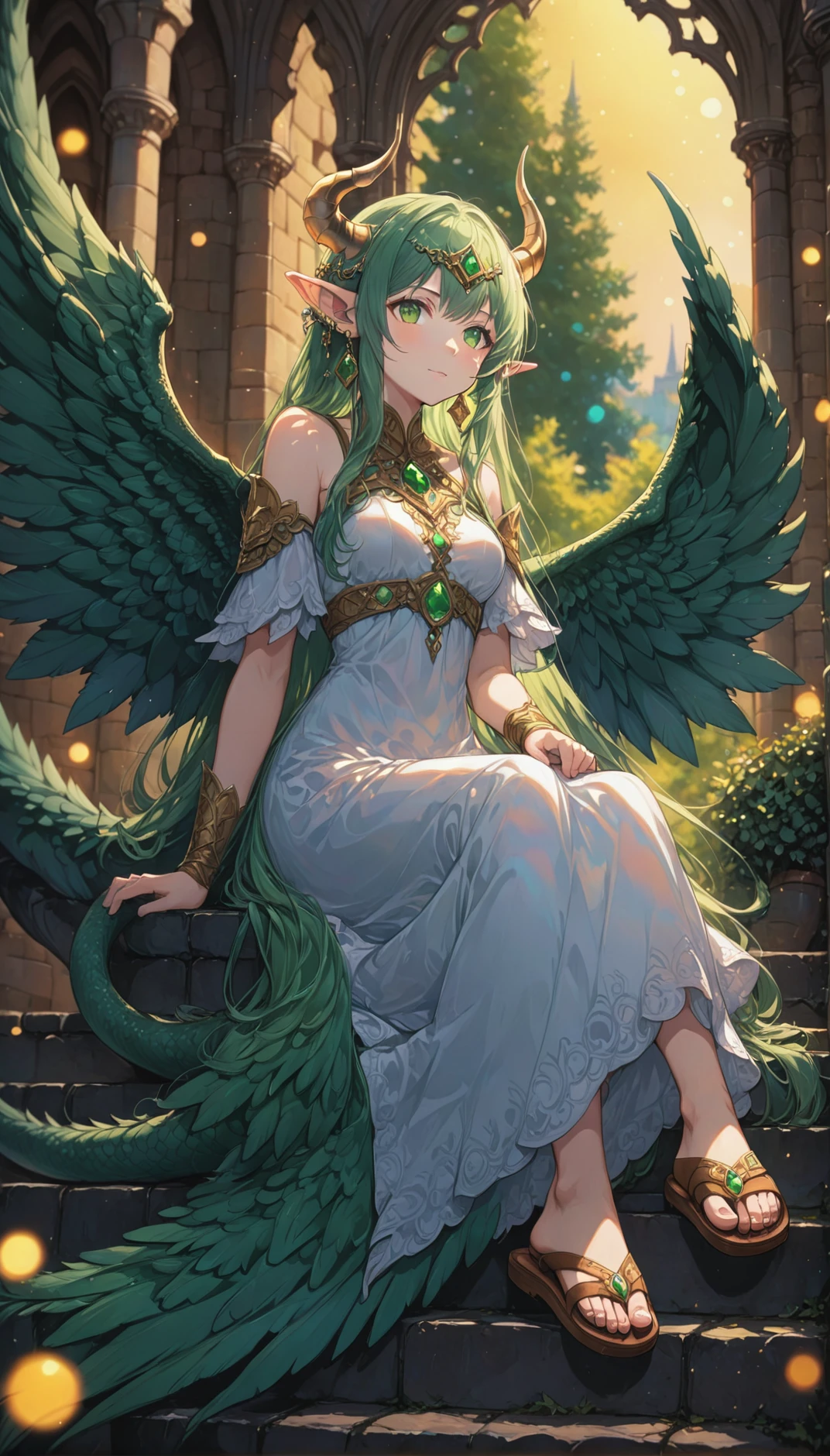 fire_emblem_heroes_xl, mila, 1girl, pointy ears, solo, wings, tail, long hair, horns, green hair, earrings, jewelry, green wings, sitting, dress, sandals, green eyes, dragon tail, elf, full body, feathered wings, circlet, single horn, green tail, seated
on the steps of Hohenzollern Castle, 8K, soft focus, (depth of field, bokeh:1.3),
very aesthetic, highres, intricate detail, cinematic lighting, amazing quality, amazing shading, detailed Illustration, official artwork, wallpaper,
extremely detailed eyes and face, beautiful detailed eyes,
from below
<lora:aesthetic_anime_v1s:1>
<lora:Fire_Emblem_Style:1>
<lora:IOS_Iridescent_opal_style:0.8>