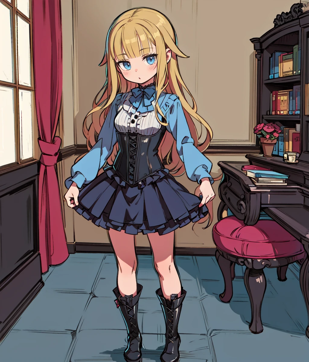(masterpiece, best quality:1.2), 1girl, solo, long hair, blonde hair, pointy sidebangs, blue eyes, looking at the viewer, blue shirt, long sleeves. frills, black skirt, blue petticoat. black corset, pantythose, boots, standing, cowboy shot, full body, indoors, victorian, bedroom <lora:Princess SD:1>
