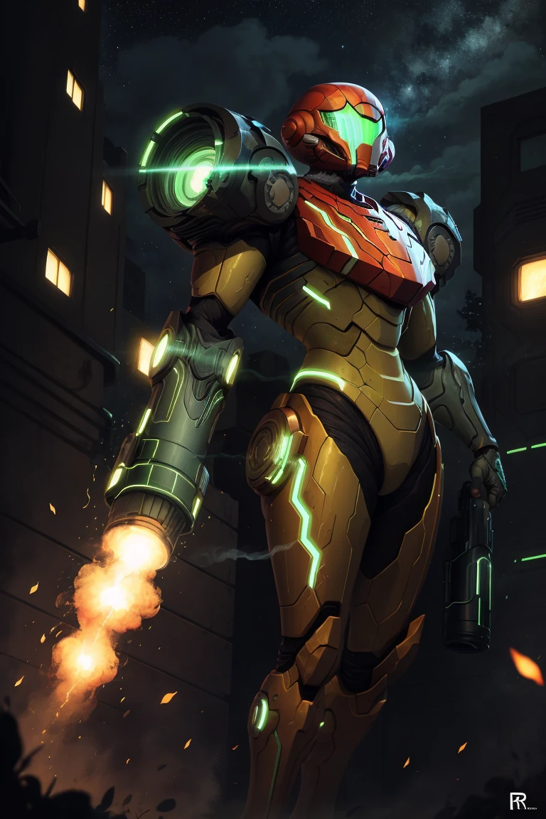 ((masterpiece,best quality)),  <lora:Samus_Varia_Suit:0.8>,  samus aran, varia suit, arm cannon, directed-energy weapon, embers, energy cannon, energy weapon, epic, feet out of frame, glowing, highres, lens flare, metroid prime 2: echoes, metroid prime 3: corruption, neon trim, night, pauldrons, r3dfive, shoulder armor, sky, smoke, standing, star (sky), starry sky, visor, visor (armor), weapon, cinematic composition,