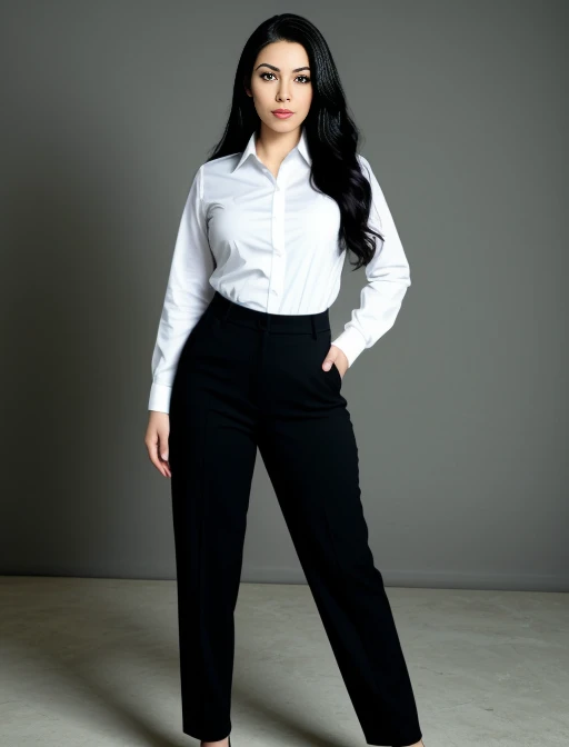 full body shot of business photo of korina_kova, pants, black attire, big breats, collared shirt, tucked shirt, <lora:korina_kova:1>. Professional attire, workplace setting, confident. Whole outfit, clear, sharp, balanced<lora:lcm-lora-sd15:1.0>
