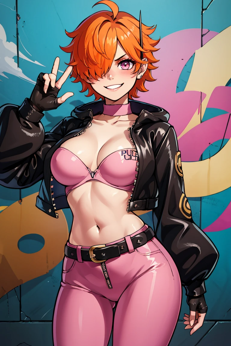 By zackary911 ,High quality,Female ,((,hair covering eyes,fluffy hair,short hair,happy)),fur,(breasts),solo,orange hair,toned,Earrings,Curvy legs,2 arms,, Golden necklace,pink large jacket,Neckline ,(red gloves),,boots,dramatic lights,panties,lucha libre ring
