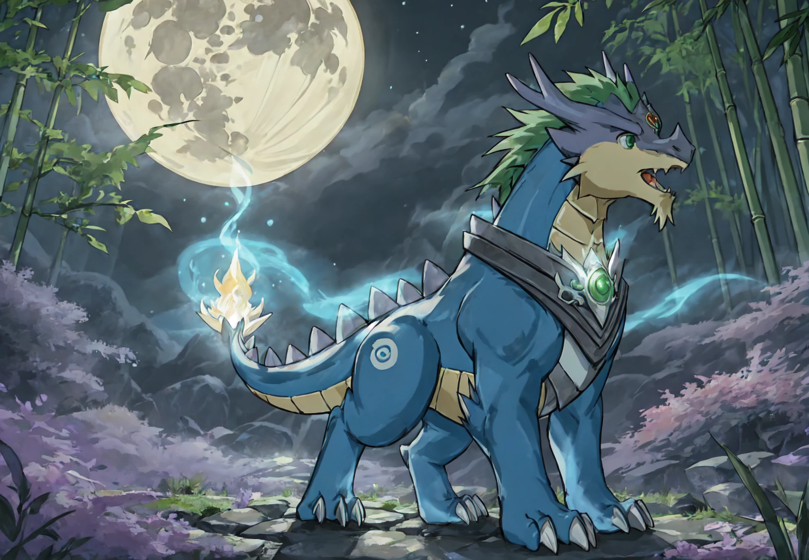 solo,feral,dragon,open mouth,heterochromia,male,claws,scalie,Green hair,green eyes,<lora:tianjinsou-000014:0.7>,A Long Shot,wide shot,In the mystical realm where Eastern Daoist traditions intertwine with Western sorcery,a charismatic male furry commands attention. Draped in a flowing cloak woven with symbols of both Yin and Yang,he emanates an aura of dual power. With an ancient jade talisman adorned around his neck and a wand of sparkling crystals in his paw,he delves into the secrets of both Eastern and Western magic. In a hidden temple nestled within a dense bamboo forest,he merges the principles of qi manipulation and arcane spellcasting. As the moon rises overhead,casting an ethereal glow,he performs a captivating ritual that channels the energies of both worlds. This enigmatic furry becomes a bridge between ancient mysticism and esoteric enchantments,a figure revered for his mastery of the magical arts in this unique realm. ambient light,natural light,tyndall effect,DSLR camera,advanced lighting for film,Unreal Engine 5,extremely realistic,and ultra - high definition,