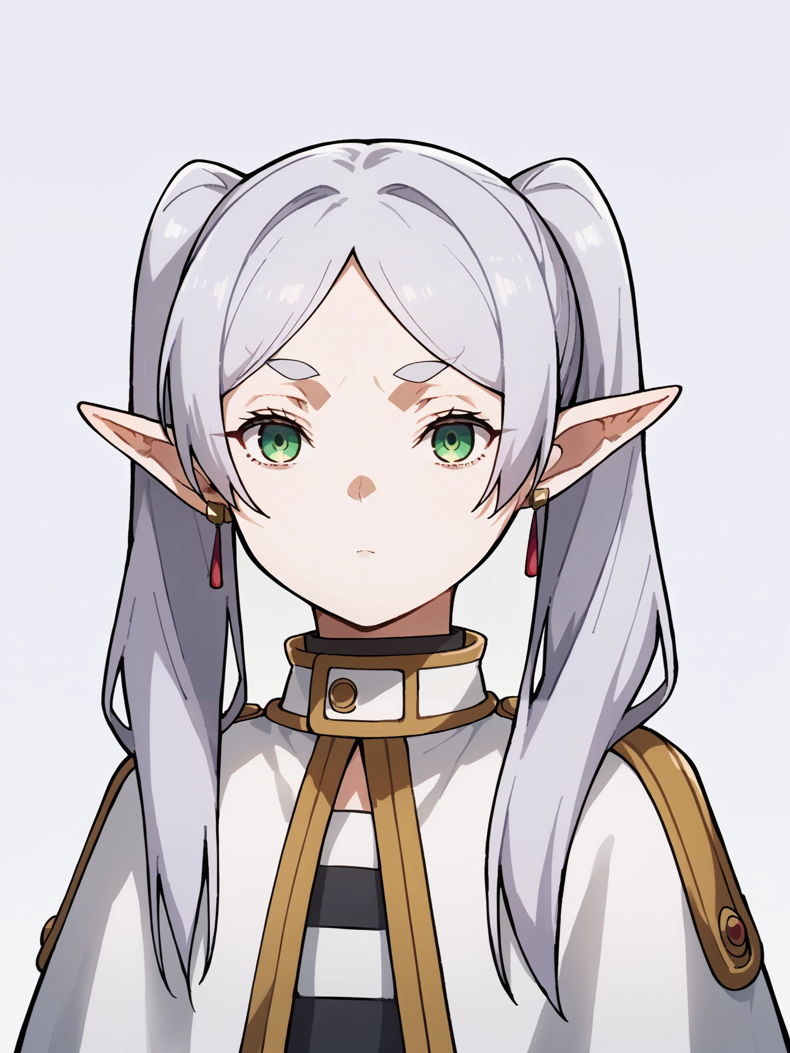 score_9, score_8_up, score_7_up, score_6_up, score_5_up, score_4_up, BREAK, source_cartoon, source_anime, 1girl, frieren, green eyes, grey hair, twintails, pointy ears, eyebrows, white capelet with long sleeves, earrings,
solo, expressionless, upper body, looking at viewer, simple background <lora:FrierenXL:1>