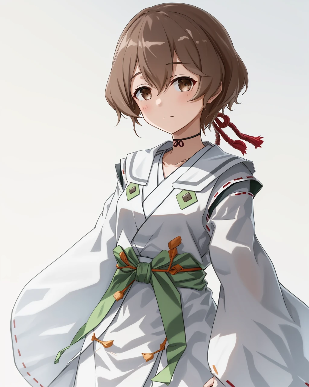 <lora:Fujimori_Mito-10:0.7>,1girl, solo, short hair,brown hair, brown eyes,between eyes, long sleeves, japanese clothes,wide sleeves, kimono, sleeves past wrists,White hakama,miko,green stripes,tabi,