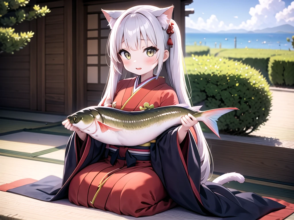 cat girl, juuni, hold fish on face  <lora:juuni-001:1>