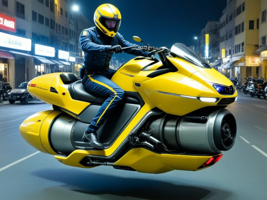 <lora:Hover_Bike:1> hover_bike, yellow vehicle, motorcycle wihtout wheels, (pilot:1.3), street at night