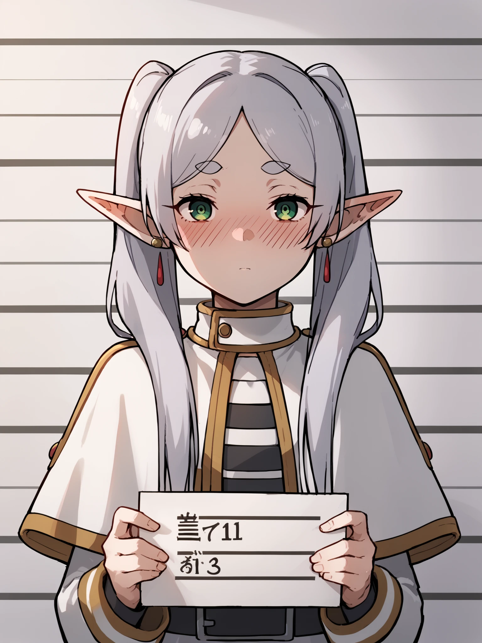 score_9, score_8_up, score_7_up, score_6_up, score_5_up, score_4_up, BREAK, source_cartoon, source_anime, 1girl, frieren, green eyes, grey hair, twintails, thick eyebrows, blush, pointy ears, white capelet with long sleeves, earrings, holding sign, mugshot, sad, looking at viewer, long hair    <lora:FrierenXL:1>