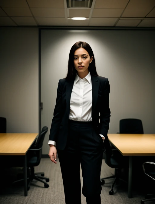 ultra realistic, photography, long black straight hair in a ponytail, elegant hair, (30 years old, hazel eyes, hourglass figure, perfect fit body, natural big breasts), firtatious look, femme fatale, long eyelashes, cat-eye make-up, she is dressed like a NYPD detective, under her trenchcoat her shirt is buttoned up, she is wearing high heels, she is at a homicide scene, she is kneeling next to bloody body on the floor, she is touching his wrist, full body picture, wide angle
