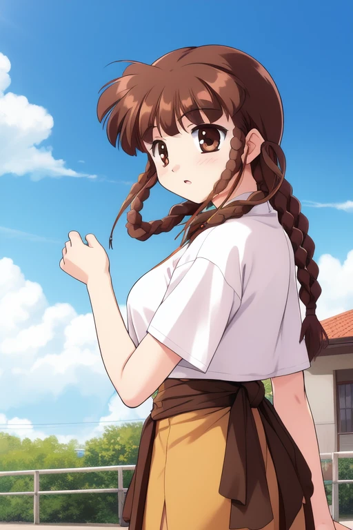 <lora:Watanuki_Yumiko:0.8>, WatanukiYumiko, 1girl, soro, brown_hair, brown_eyes, hair_rings, braid, twin_braids, bangs, room, sky,
masterpiece, high quality, very_high_resolution, large_filesize, full color,