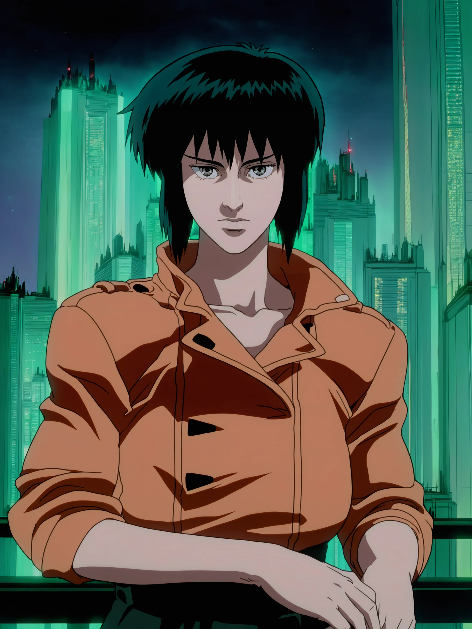 score_9,source_anime,1girl,gits1995,kusanagi motoko,orange jacket,cityscape,night,looking at viewer,upper body,<lora:GITS1995_XL:1>,