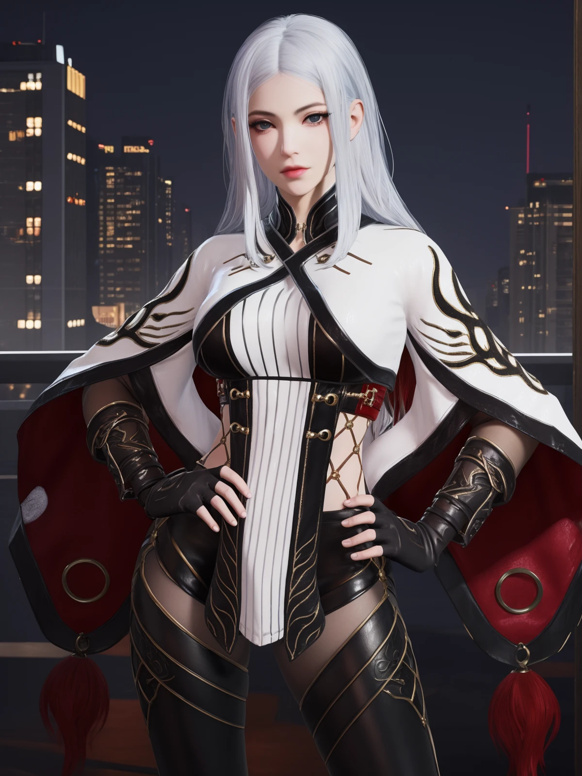 YJWJjiyingyingWCBF, 1girl, solo, long hair, fingerless gloves, blue eyes, lips, looking at viewer, white hair, breasts, capelet,dress,pantyhose, leather pants,thigh boots,cityscape, night,  <lora:YJWJjiyingyingWCBF3:0.75>,hand on hip,