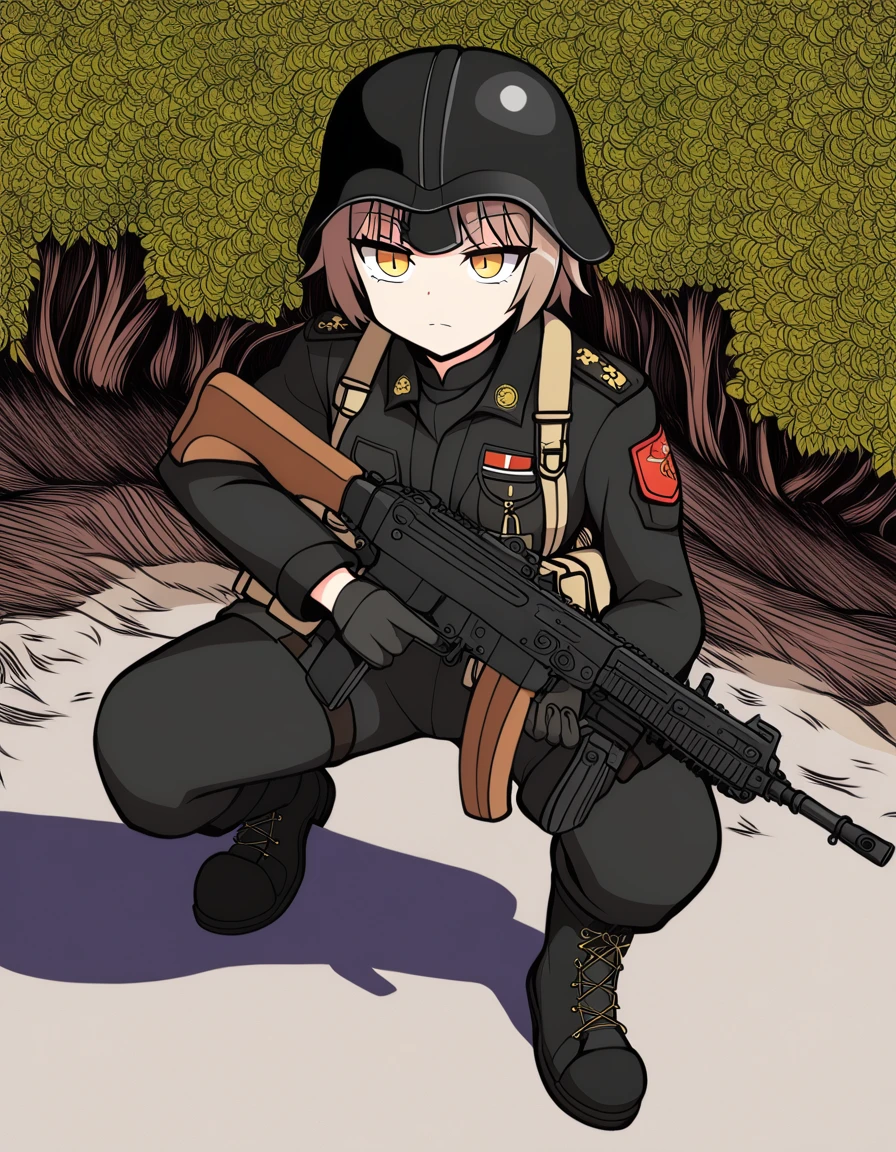 1girl,mideastelite,small breasts,very short hair,brown hair,patch,bangs,military uniform,black clothes,jacket,pants,pouch,helmet,crouching,in army trench,outdoors,holding submachine gun,gloves,full body,metal boots, <lora:MideastEliteXL:0.85>