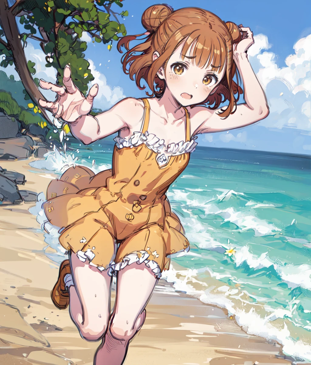 (masterpiece, best quality:1.2), 1girl, solo, brown hair, medium hair, sidebuns, brown eyes, small breast, surprised, yellow bloomers, yellow camisole, bare arms, full body, outdoors, cowboy shot, beach <lora:Beatriche SD:1>