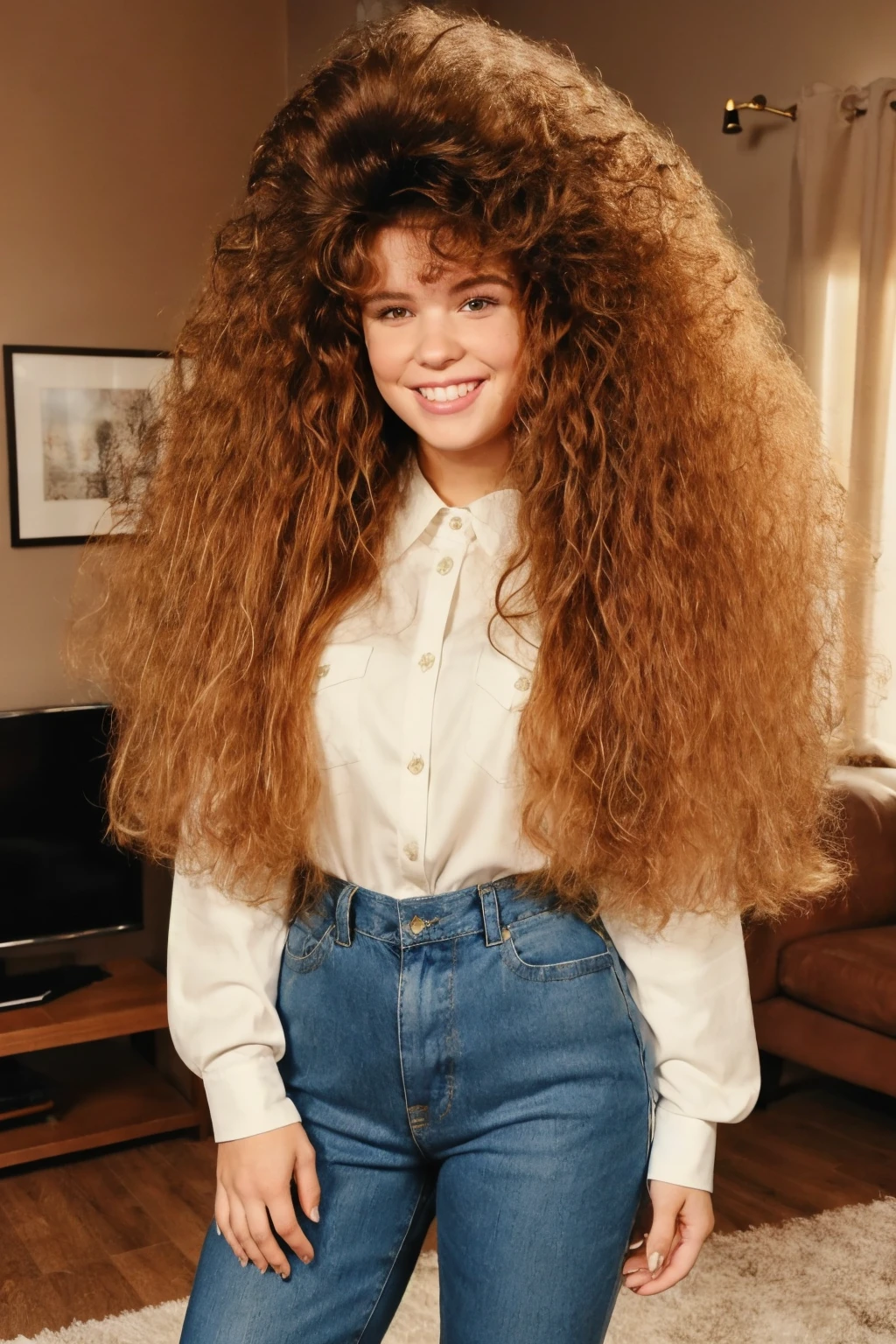 full body shot of a young caucasian woman, standing in living room, oversized shirt, big hair, cute face, cute smile, detailed face, detailed skin, ultra-realistic, extremely detailed, <lora:skin_slider_v10:0.5>, <lora:btbighai:0.8>