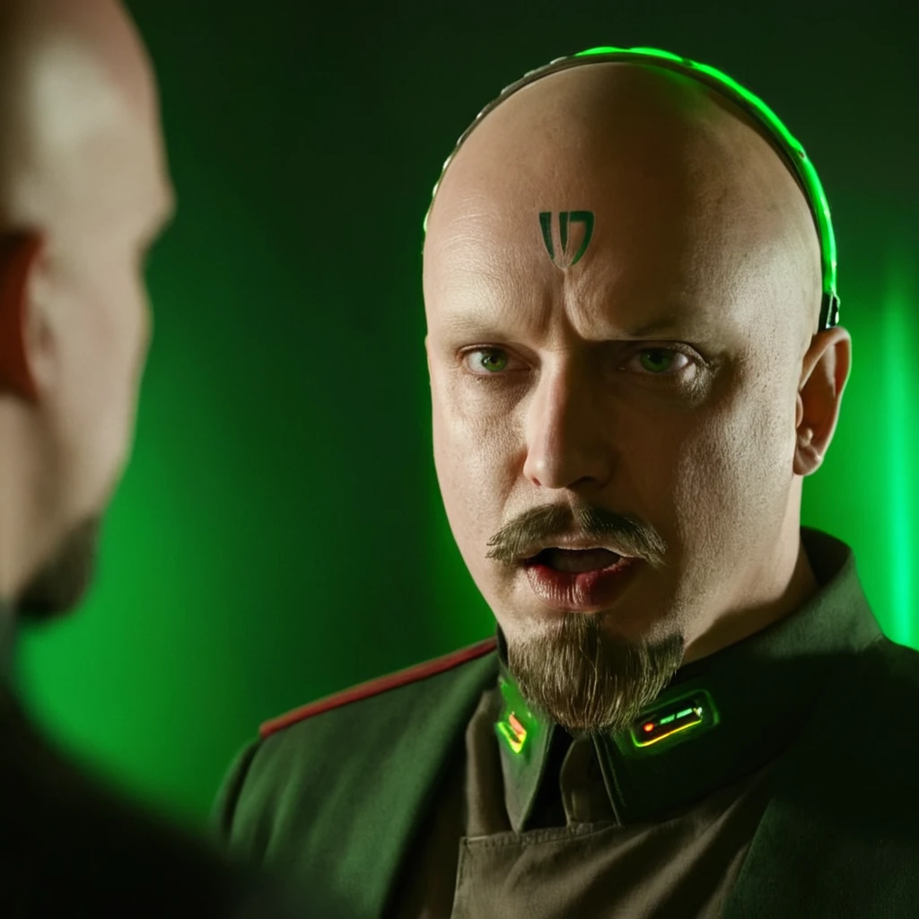 cinematic film still of <lora:YuriCNC :1>
YuriCNC a man with a green light on his face,command and conquer style,solo,looking at viewer,open mouth,1boy,male focus,facial hair,parody,realistic,mustache,bald, with a bald head and goatee. On his forehead, the Hebrew letters are tattooed. A band of psychic simulators is surgically implanted into his skull, and connected to a psi collar underneath his clothes. green spot green light, mouth open, shock, surprise look, shallow depth of field, vignette, highly detailed, high budget, bokeh, cinemascope, moody, epic, gorgeous, film grain, grainy