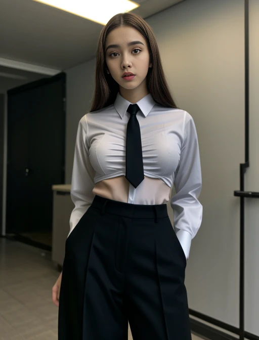 full body shot of business photo of kiko_baka, pants, black attire, big breats, collared shirt, tucked shirt,  <lora:kiko_baka:1>. Professional attire, workplace setting, confident. Whole outfit, clear, sharp, balanced<lora:lcm-lora-sd15:1.0>