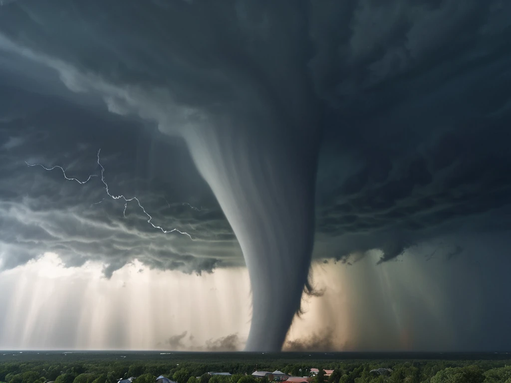 Nature Photography, Tornado forming in the middle of a rainstorm, dark sky, rays of sun, debris flying around, Realistic, detailed, 8K