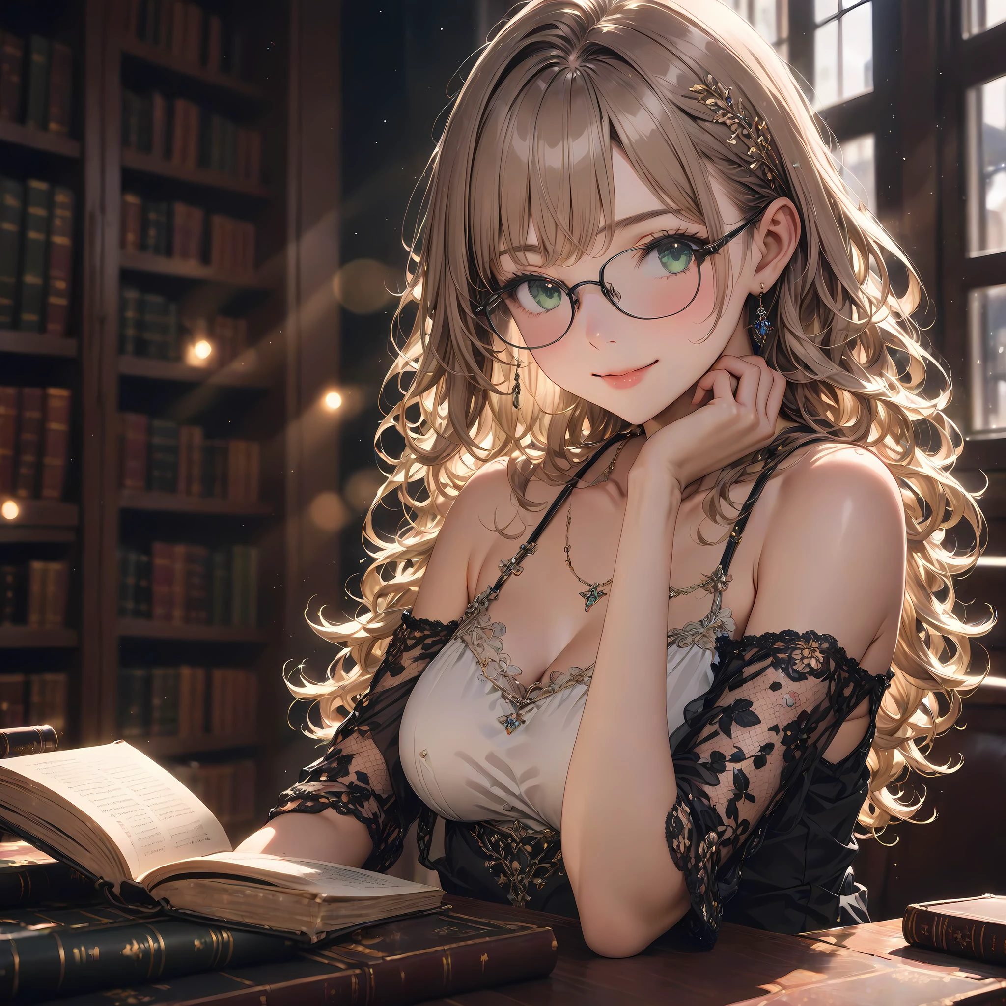 (masterpiece:1.2), (best quality:1.2), newest, intricate details, ai-generated, perfect anatomy, (masterpiece:1.2),(best quality:1.2),intricate details, newest, ai-generated, ultra detailed, HDR,hires,dark theme, depth of field, bokeh, volumetric light,
beautiful glonde girl with blonde long wavy hair and green iridescent eyes, sitting in library reading a book, she have a lot of colored tattoo on body and arms, she wear a bare shoulders white camisole and glasses, arms under chin, smiling looking at viewer with seductive smile