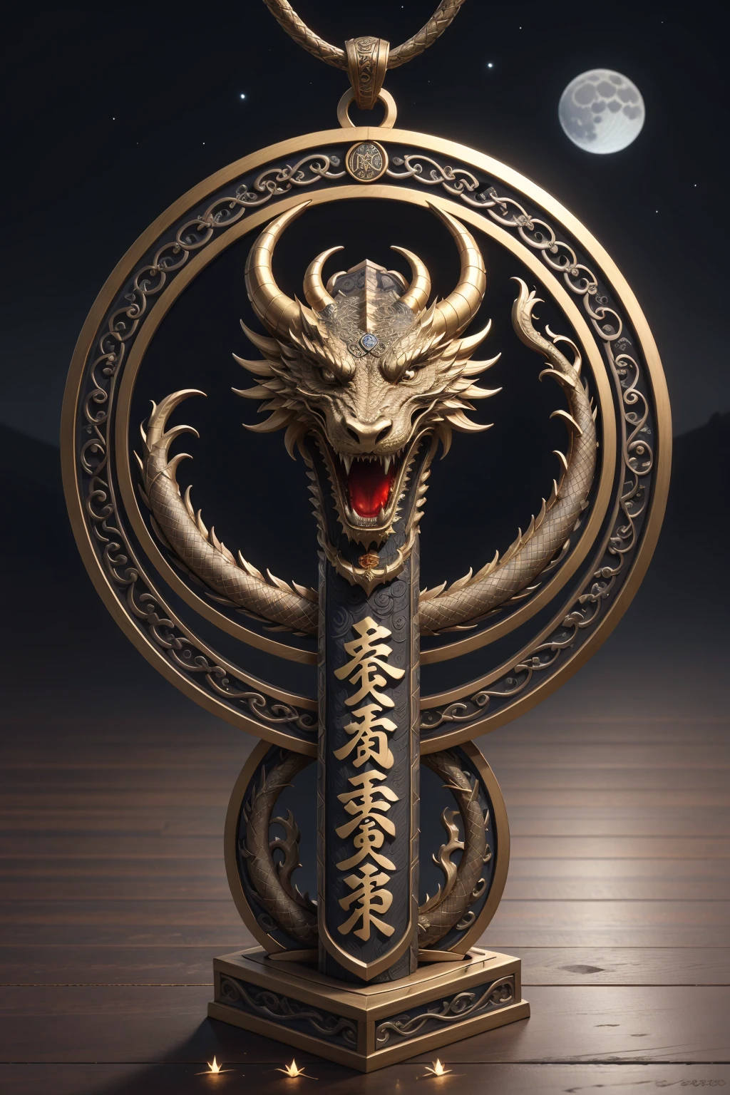 masterpiece, best quality, highly detailed, stone obelisk BREAK dragon talisman, bamboo, eastern dragon serpent engraved in dragon obelisk, oriental village, night, moon, fireworks, lunar new year, dragon, diamond