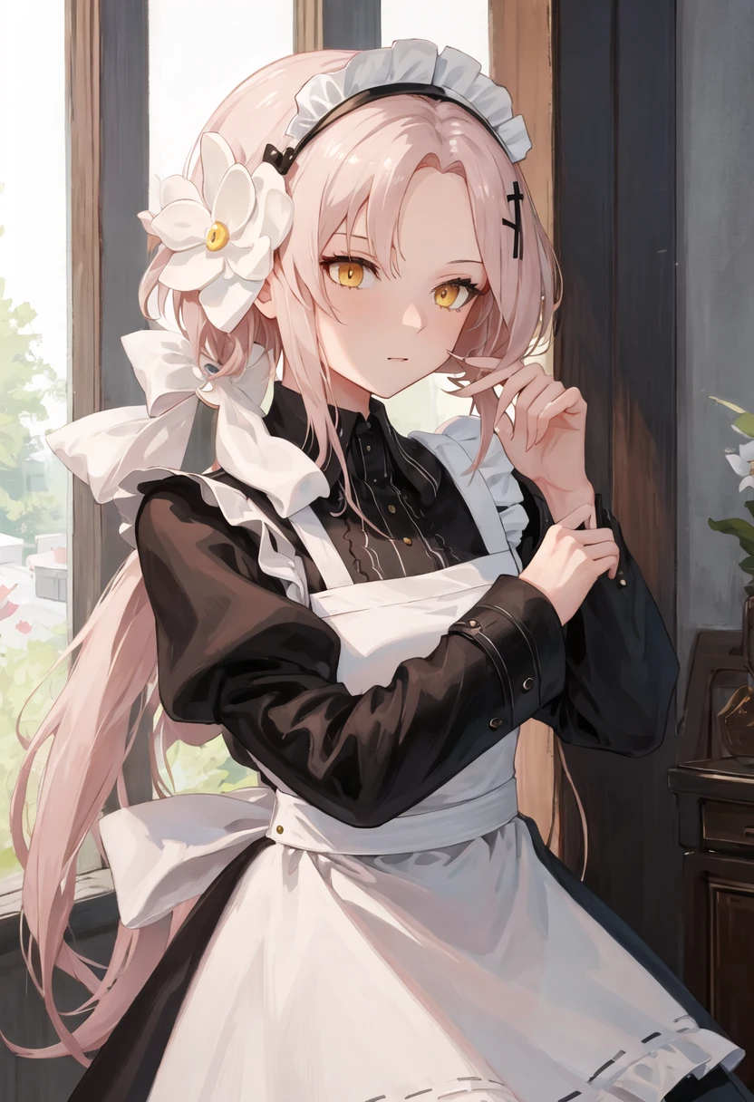 best quality, masterpiece, highres, solo, {aug_girlsfrontline:0.90}, {maid:1.40}, {long maid dress:1.15}