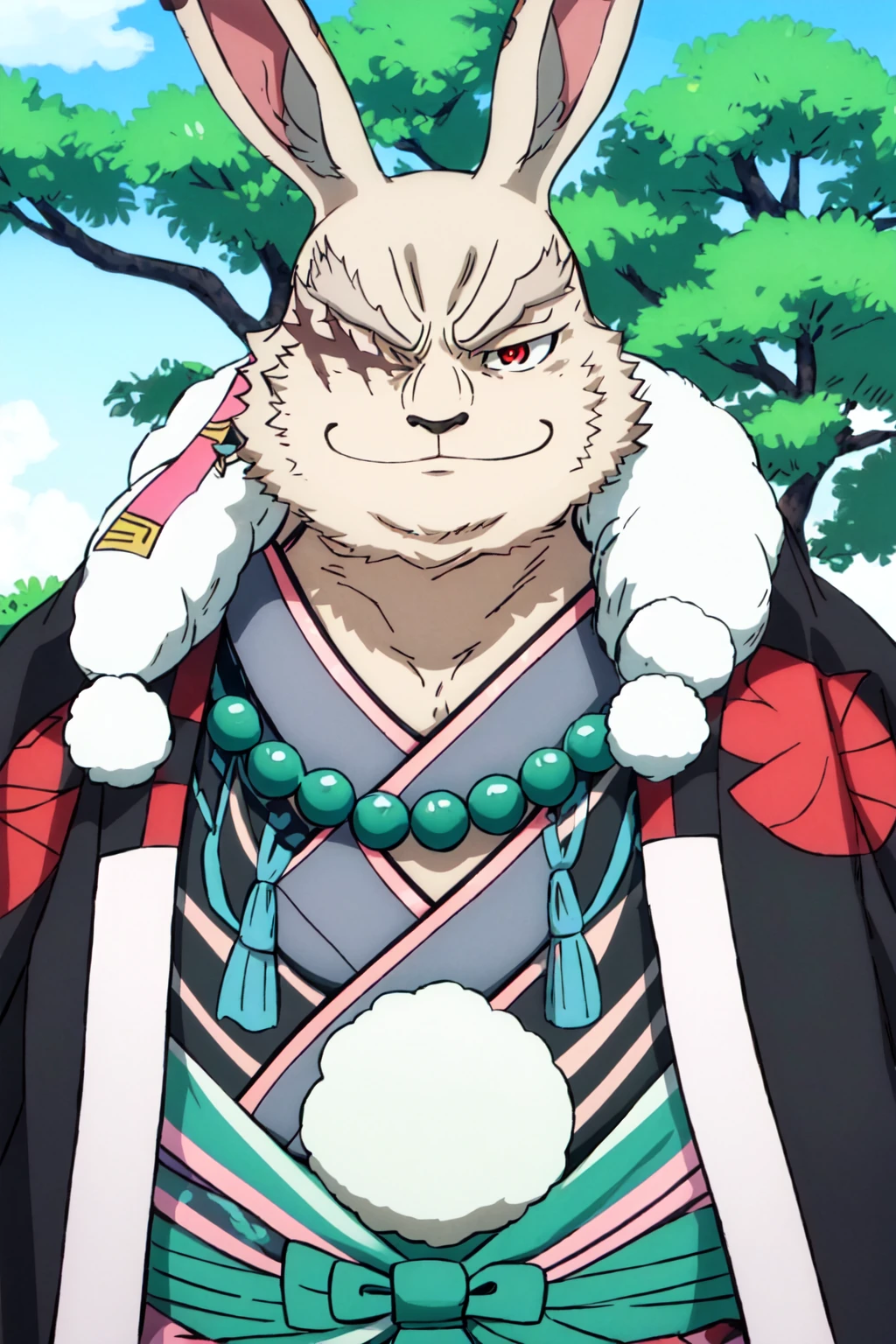 Vysache, furry, 1boy, rabbit boy, rabbit ears, animal nose, one-eyed, red eyes, white fur, fat, (black kimono), beads, pink coat, fur trim, smirk, outdoors, japanese architecture, day, upper body, <lora:Vysach-10:1>, <lora:onePieceWanoSagaStyle_v2Offset:1> wanostyle