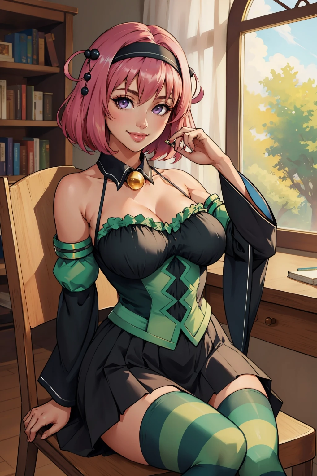 masterpiece, ((ultra detailed background, delicate pattern, intricate detail)), (highly detailed, fine details), best quality, ((medium breasts, slim girl)), ReijuV2, 1girl, solo, pink hair, hair over one eye, blue eyes, short hair, smile, tattoo, pink dress, cpae, scarf, (complex detailed background, inside, castle room environment, medieval castle, gray walls, window, bookshelf), (((twirly eyebrows, swirl-shaped eyebrows))), ((cowboy shot, clear skin)),  <lora:ReijuV2:0.8>