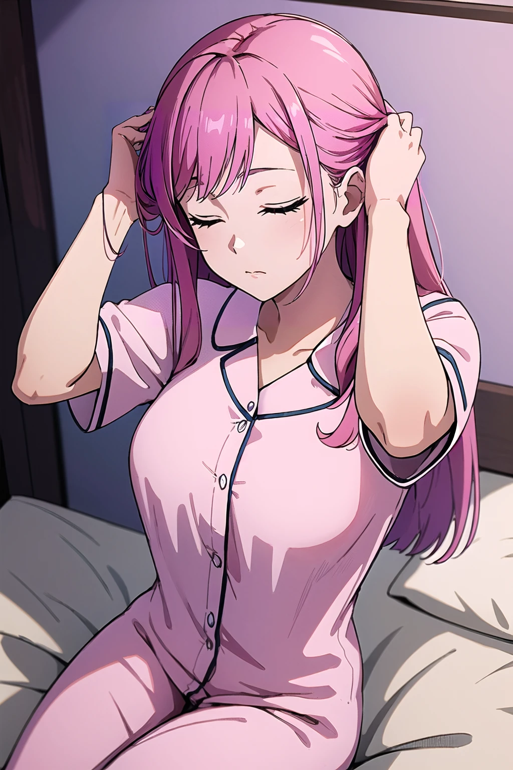 masterpiece, hires,high resolution, best quality, 1girl, large breasts, long hair, straight hair, pink hair,straight-on, sitting on bed, from above, hime cut, adjusting-two-hands, adjusting hair,hands up, pajama, closed eyes, expressionless, in front of viewer, upper body, hands in own hair
<lora:Adjusting hair & Hair Tucking:1>