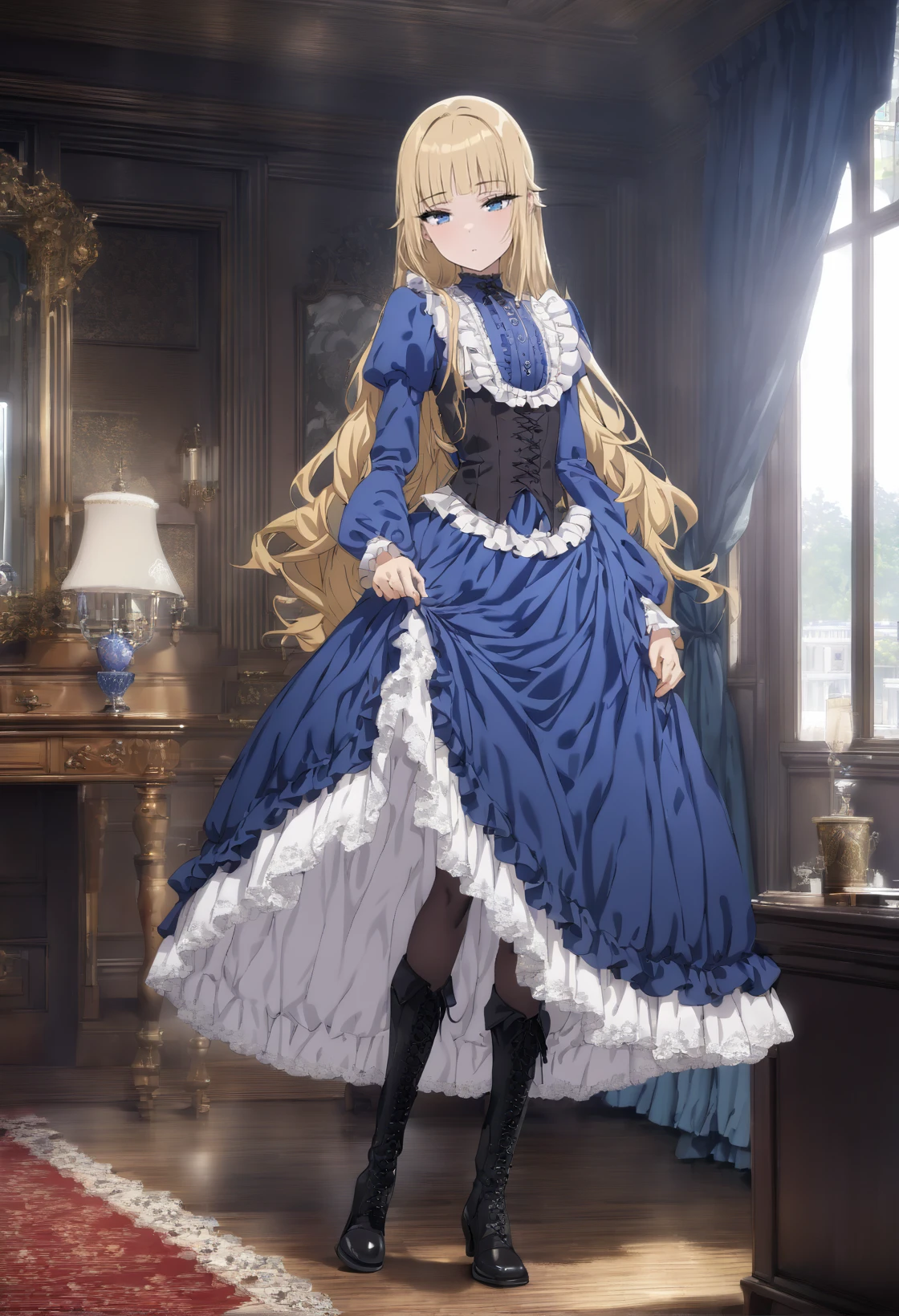 (masterpiece, best quality:1.2), 1girl, solo, long hair, blonde hair, pointy sidebangs, blue eyes, looking at the viewer, blue shirt, long sleeves. frills, black skirt, blue petticoat. black corset, pantythose, boots, standing, cowboy shot, full body, indoors, victorian, bedroom <lora:Princess sdxl_lora:1><lora:MeMaXL_V2:0.9>