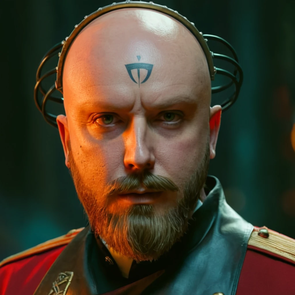 cinematic film still of <lora:YuriCNC :1>
YuriCNC a man in a brown coat and red shirt,command and conquer style,solo,1boy,jacket,male focus,belt,uniform,military,military uniform,facial hair,scar,crossed arms,beard,mustache,bald,manly,old man, with a bald head and goatee. On his forehead, the Hebrew letters are tattooed. A band of psychic simulators is surgically implanted into his skull, and connected to a psi collar underneath his clothes. , shallow depth of field, vignette, highly detailed, high budget, bokeh, cinemascope, moody, epic, gorgeous, film grain, grainy