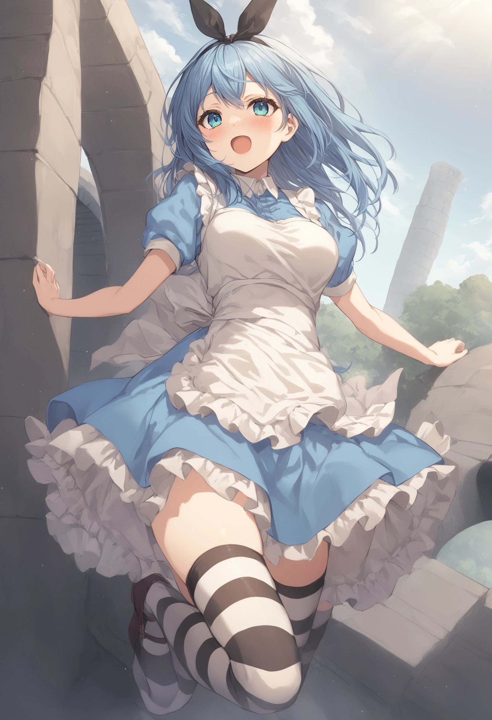 1girl, <lora:sdxl2-flat2-512b:-1>,medium breasts,solo,
<lora:alicecosXLv2:0.8>,alicecos,thighhighs,legwear,hair ribbon, blue dress,short sleeves, frills apron, puffy short sleeves,
dutch angle, panorama shot, looking up, fingersmile, aqueduct, open mouth,
best quality,medium quality,