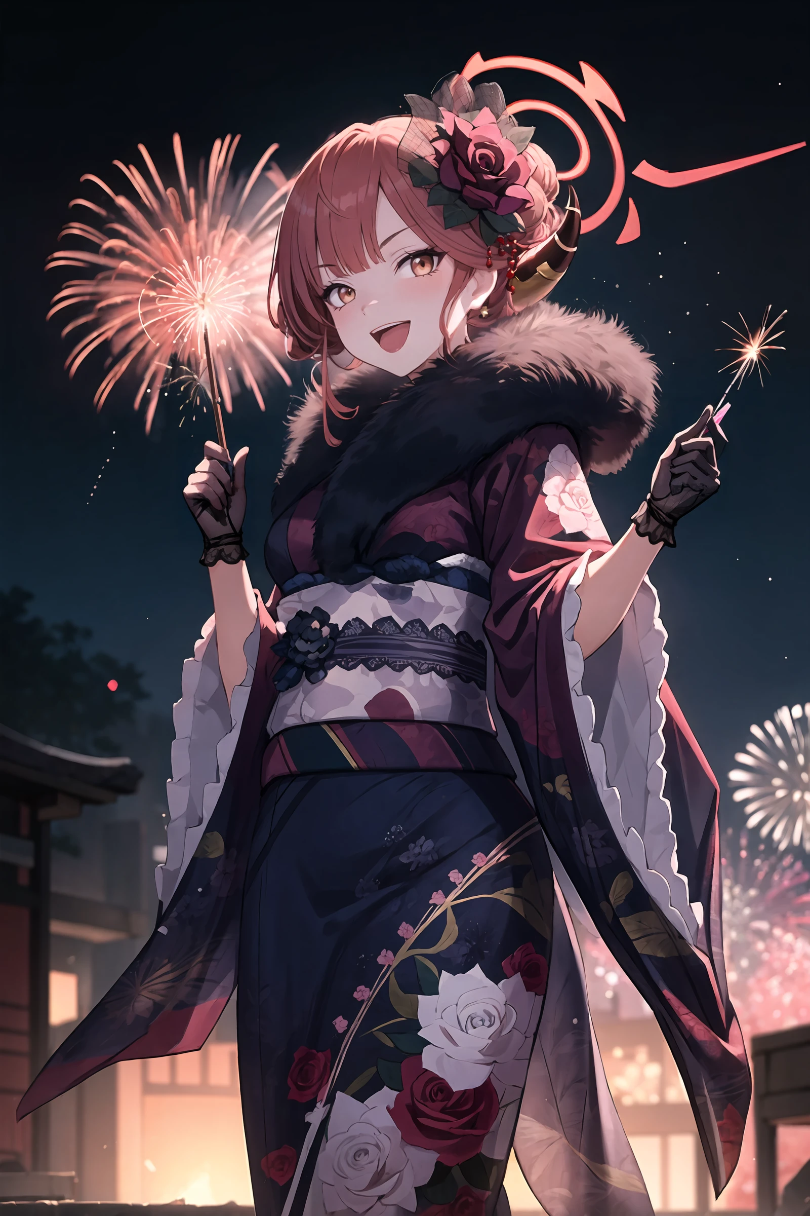 1girl, aru \(blue archive\), solo, fur-trimmed kimono, lace gloves, horns, hair flower, halo, obi, sash, tabi, single hair bun, standing, cowboy shot, holding fireworks, smile, open mouth, night, outdoors, blurry background, masterpiece