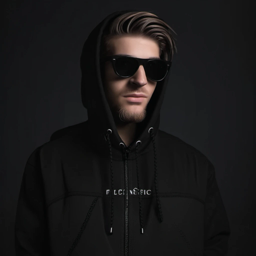 DannyTheFallen, 1boy wearing black techwear set in the dark background