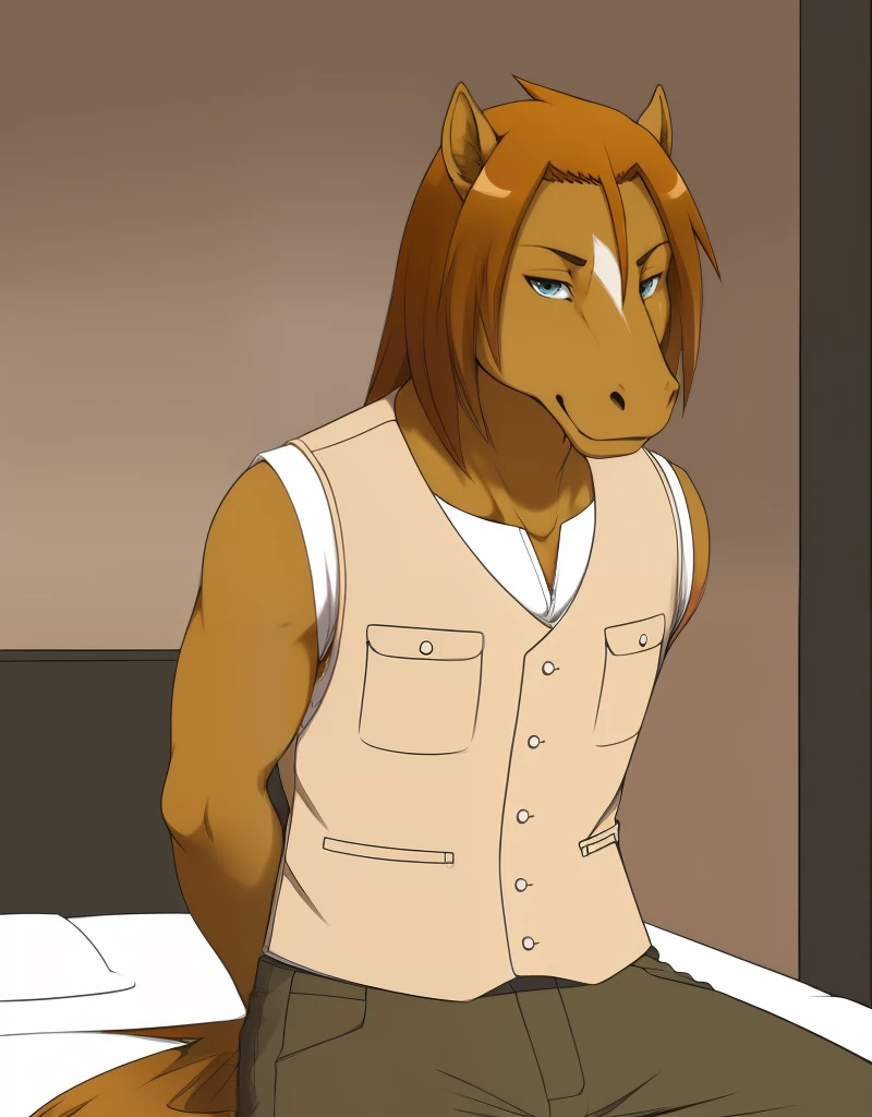(masterpiece, 4K, ultra detailed), a horse furry, single, alone, masculine, athlete, smooth lining, cartoony, brown fur, white belly, dark brown mane, teenage, anime, smile, outside, farm, noon, naked, sexy pose