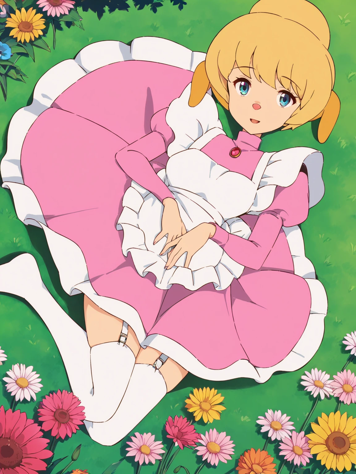 score_9, score_8_up, score_7_up,best quality, 4k, uncensored,  prefect lighting,  rating_explicit, very aesthetic,
1girl,solo,zzhudaa,(furry female, animal nose:1.2) ,1girl, solo, blonde hair, short hair, hair bun, blue eyes
,pink maid ,long skirt, turtleneck,white thighhighs, garter straps
,  smile,open mouth,medium breasts, looking at viewer,
outdoor,rest on grass,Rest back and relax
flower ,garden,nemophila, carnation, gerbera, marguerite
like a magazine cover cinematic angle and cinematic pose, newest,official art ,close up,upper body
<lora:SHHudson_Animaginev1:1>