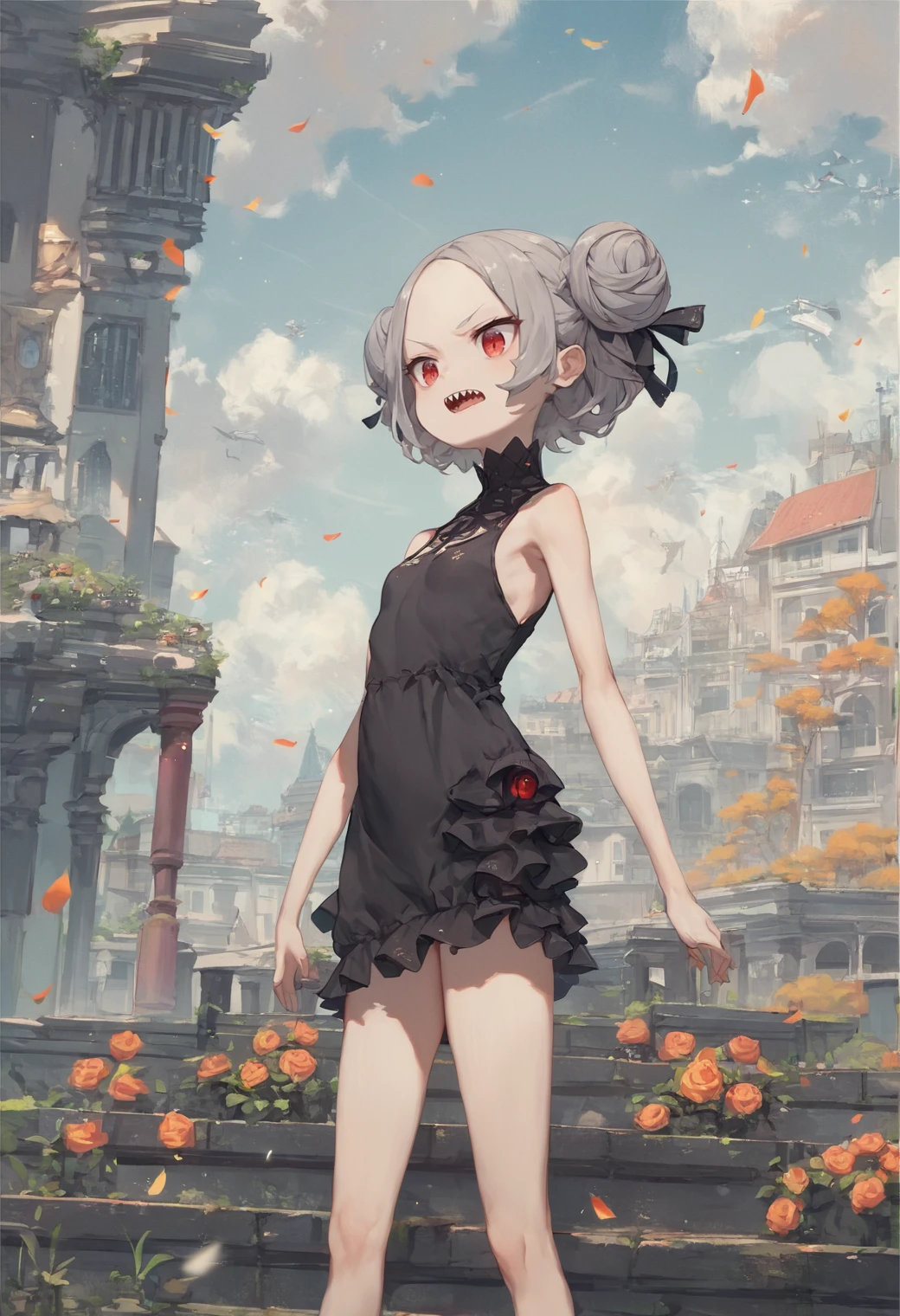 score_9, score_8_up, score_7_up, score_6_up, score_5_up, score_4_up, source_anime, masterpiece, 1girl, solo, gray hair, red eyes, forehead, sidebuns, black dress, bare legs, sharp teeth, bare arms, outdoors, amusement park, cowboy shot <lora:Kuroboshi pony sdxl_lora:1.25>